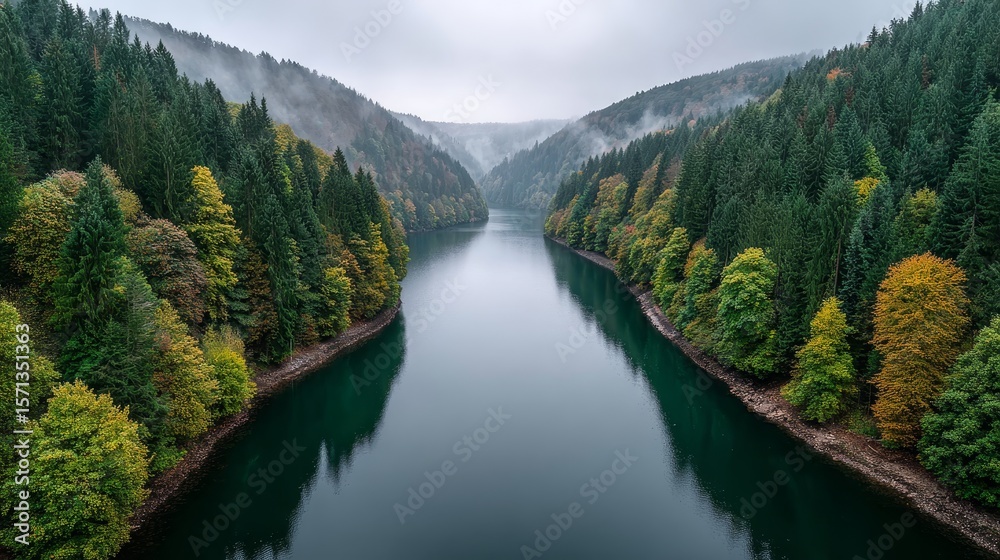 Fototapeta premium Serene morning mist over a tranquil lake surrounded by lush forest and majestic mountains nature photography peaceful landscape high-resolution view