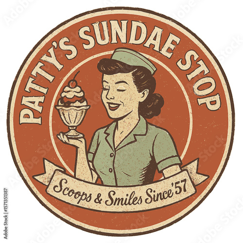 Patty's Sundae Stop: A retro sign advertising ice cream sundaes with a smiling woman. Modern flat vector sticker label with icon and badge style, transparent background