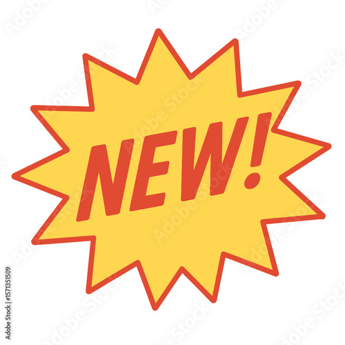 The image features a yellow starburst with the red text NEW! highlighting something fresh and new. Modern flat vector sticker label with icon and badge style, transparent background