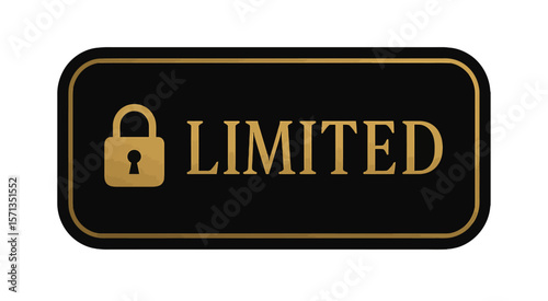 The word limited is displayed in gold letters, with a golden padlock to the left. Modern flat vector sticker label with icon and badge style, transparent background