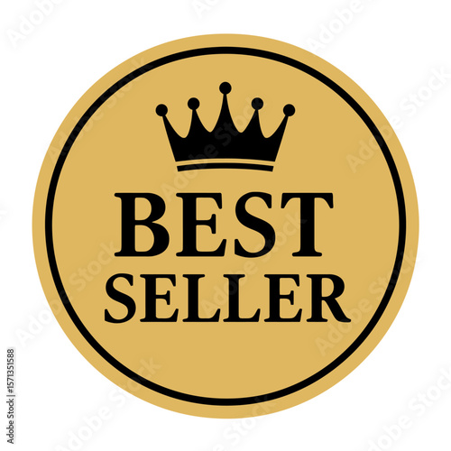 A golden best seller badge with a crown is set against a black backdrop. Modern flat vector sticker label with icon and badge style, transparent background