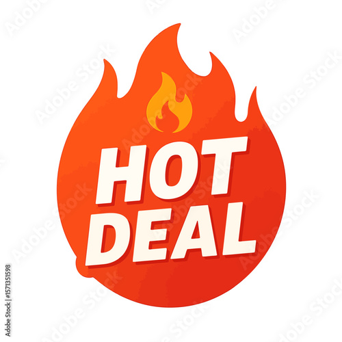 This eye-catching graphic highlights a hot deal with a fiery flame design, ideal for sales and promotions. Modern flat vector sticker label with icon and badge style, transparent background