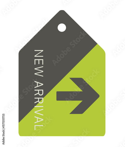 A new arrival tag with an arrow indicating fresh product availability and a promotion. Modern flat vector sticker label with icon and badge style, transparent background