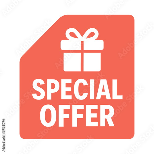 The special offer icon with a gift box signifies a great deal for customers. Modern flat vector sticker label with icon and badge style, transparent background
