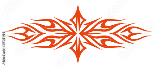 Bold tribal flame design in orange against a black backdrop, suitable for tattoos and artistic applications. Modern flat vector sticker label with icon and badge style, transparent background
