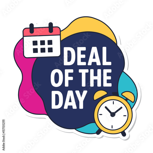 This eye-catching sticker announces a 'Deal of the Day,' with a calendar and clock design, perfect for promotions. Modern flat vector sticker label with icon and badge style, transparent background