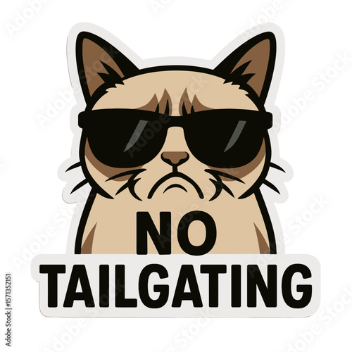 A grumpy cat wearing sunglasses says 'No Tailgating' in a funny meme-style image. Modern flat vector sticker label with icon and badge style, transparent background