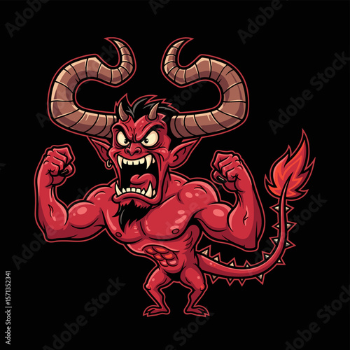 Red Demon with Horns and Muscular Body Roaring
