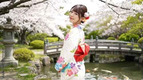 A beautiful young Japanese woman in a colorful summer yukata smiles in a serene Japanese garden with cherry blossoms - AI Generated