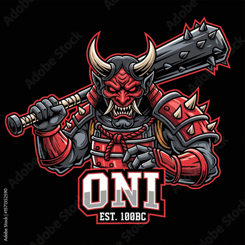 Red Oni Samurai Warrior with Spiked Club Vector