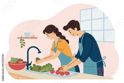 Vector illustration couple prepping fresh vegetables, washing them together in a kitchen setting, lifestyle scene.