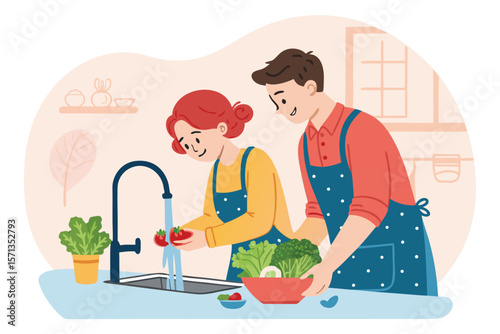 Vector illustration of a happy couple washing fresh vegetables together, prepping for a meal.