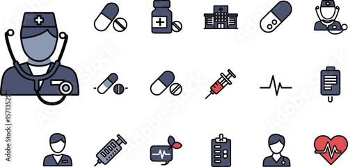 Collection of medical icons featuring doctor, pills, and hospital building