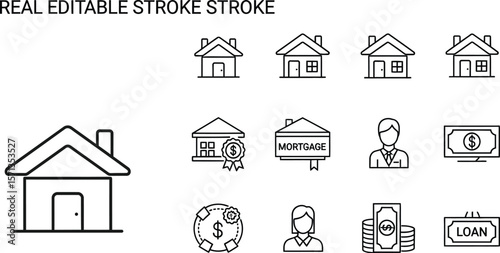 Line art icons depicting real estate mortgage and financial transactions