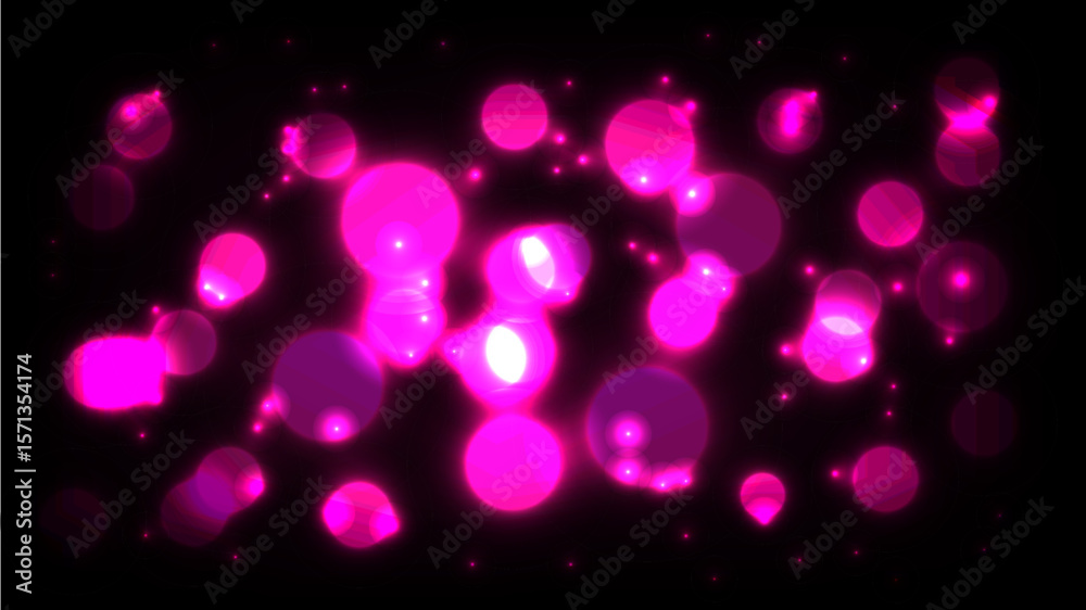 Abstract pink neon bokeh background with glowing light orbs on a dark black backdrop. 