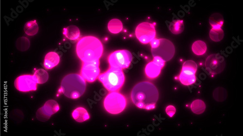Abstract pink neon bokeh background with glowing light orbs on a dark black backdrop. 