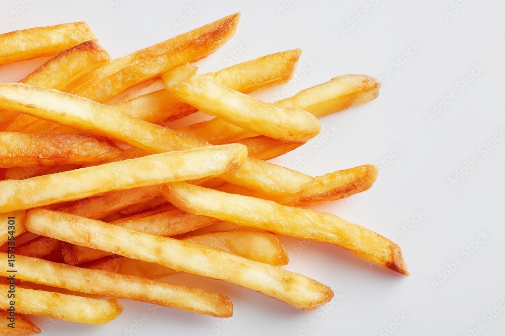 Golden French fries arranged on a clean white background showcase their crispy texture and inviting appearance, ideal for a snack or meal at any time of day Golden French fries arranged on a clean white background showcase their crispy texture and inviting appearance, ideal for a snack or meal at any time of day
