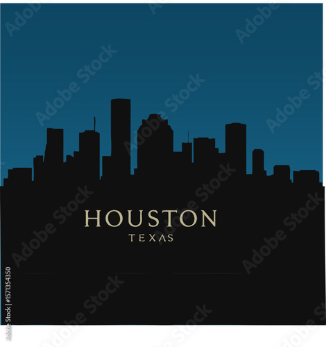Houston skyline silhouette showcases Texas architecture against a blue sky in this modern, stylized travel destination illustration.