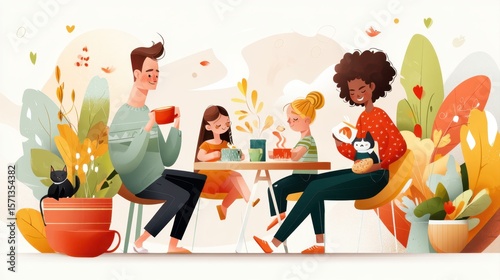 A diverse family enjoys breakfast together at a cozy table, surrounded by vibrant plants, cups, and a relaxed, cheerful atmosphere.