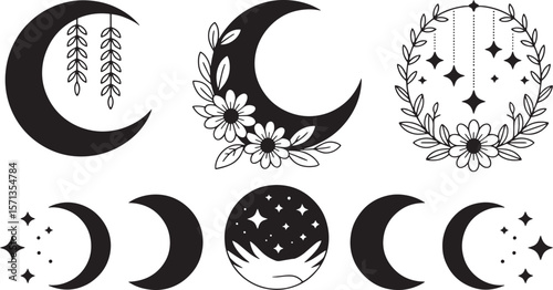 Celestial moon phases with floral and star embellishments crescent stars