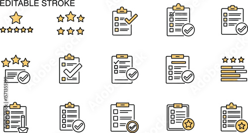 Various feedback and checklist icons with editable stroke on a white background
