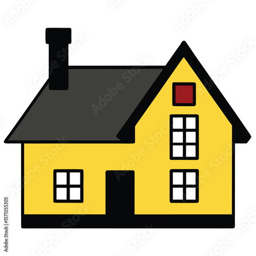 Stylized yellow house with black roof and chimney isolated on white background