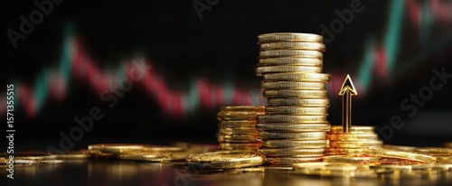 The golden coins stacked high with an upward trend symbolizing financial growth.