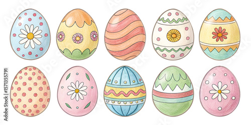 Child's drawing of various painted Easter eggs isolated on transparent background