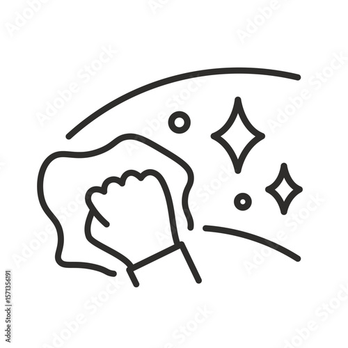 Hand with wiping cloth icon. Linear vector illustration. Manual wet cleaning. Wet wipe. Simple symbols. Wipe hand icon. Clean floor. Shiny surface.