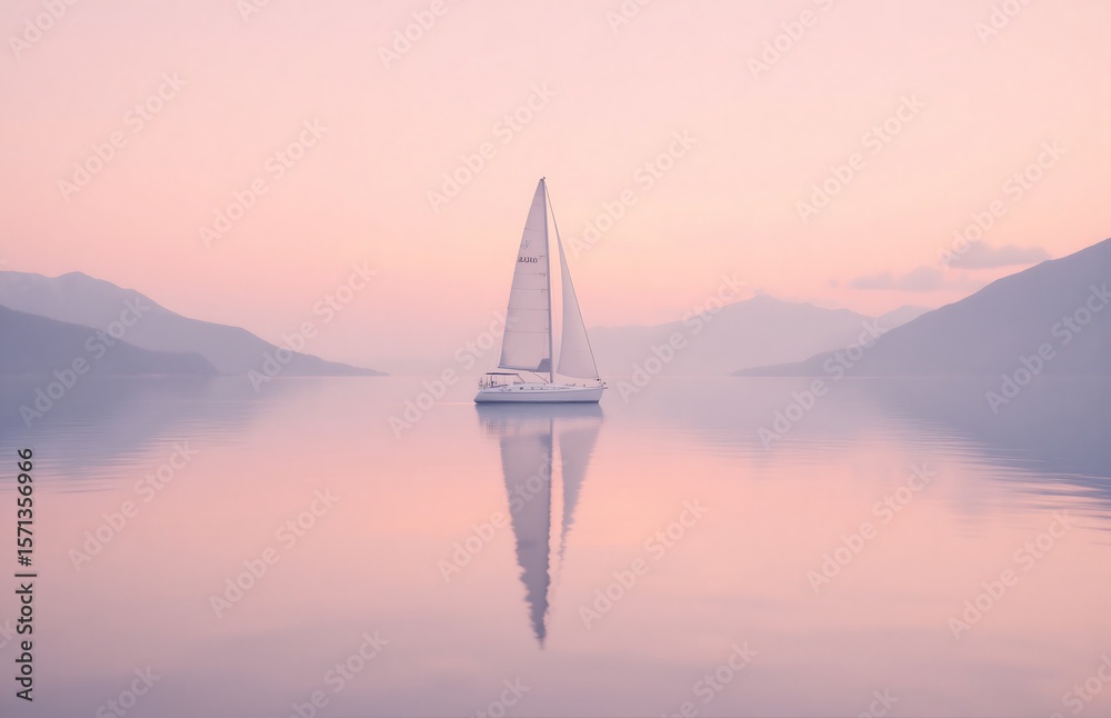 Fototapeta premium White sailboat reflected on calm mirror water, pink-orange sunrise and mountains, tranquil nature photo for serenity and minimalism themes