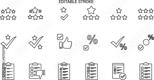 Various outline icons representing feedback, rating, and checklist elements