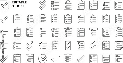 Collection of various checklist and tick mark icons in outline style design