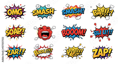 Colorful comic book style vector illustration of expressive onomatopoeia sounds for design and creativity