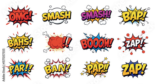 Colorful comic style vector illustration with dynamic action words for graphic design
