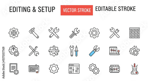 Illustration of editing and setup icons including gears and wrenches tools