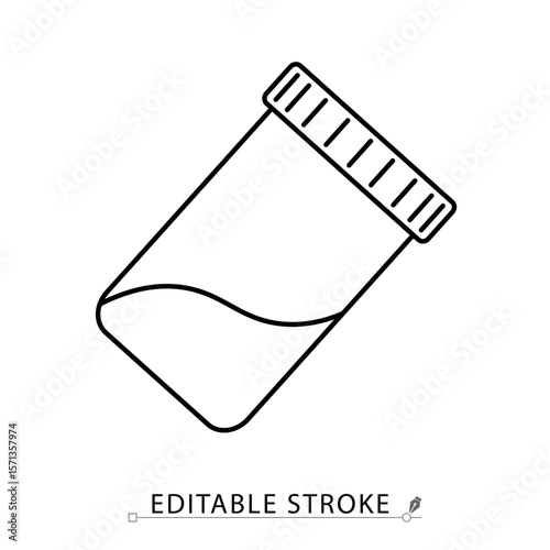 A urine test container icon in minimalist style with editable stroke. Medical sample jar, lab analysis, specimen bottle, diagnostic testing, health checkup, outline object, vector illustration.