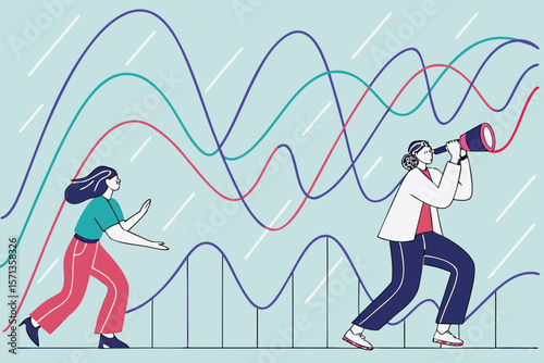 Woman with telescope looks forward as another woman walks along a line graph in a light blue scene