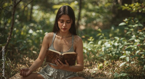 Woman with dark hair reading a book while sitting in a meditative pose in a forest clearing