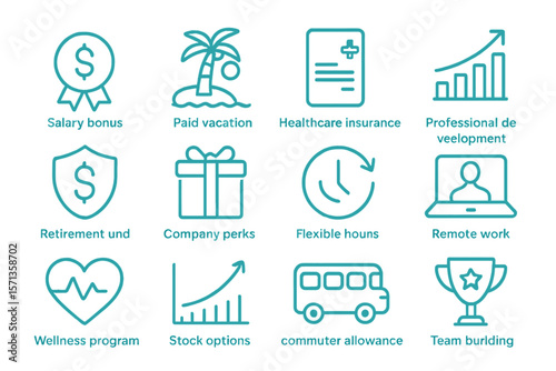 Corporate benefits icons vector illustration: professional development, wellness, remote work, and more