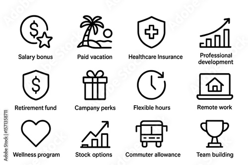 Corporate benefits vector illustration with modern line icons for employee perks and wellness