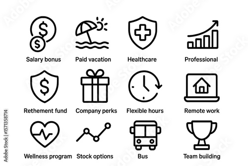Business benefits vector illustration: icons of salary bonus, paid vacation, healthcare, professional growth, team building