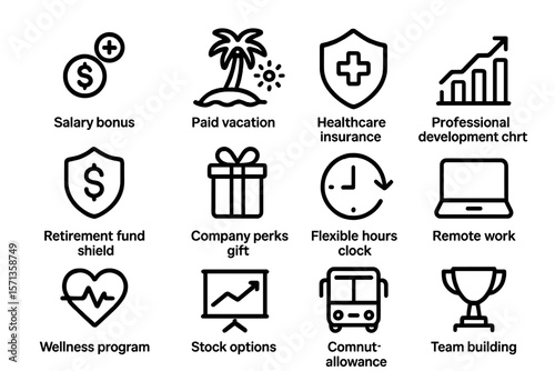 Employee benefits vector illustration: icons for salary, paid vacation, healthcare, and more