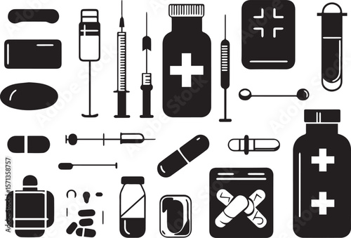 A vector illustration set of medical icons and objects, featuring various healthcare tools and symbols for modern design art