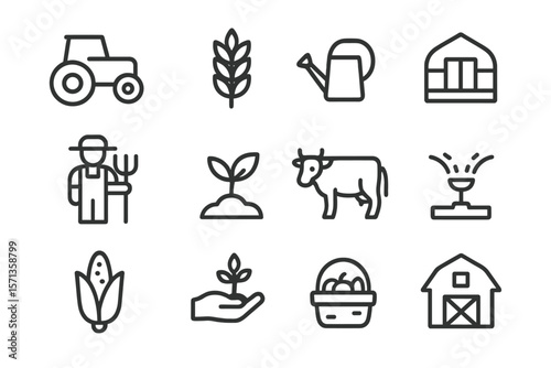 Farm and agriculture vector illustration: icons of farming tools and produce in line style for design and print