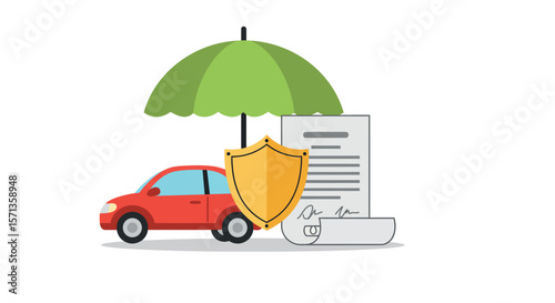 Vector illustration of car insurance concept with shield and policy document