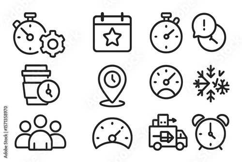 Monochrome vector illustration of time and delivery icons for design projects
