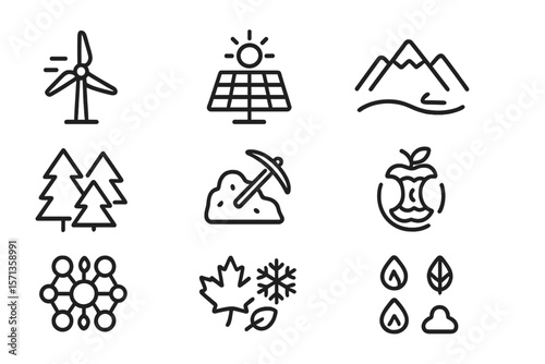 Renewable energy and nature icons vector illustration: wind turbine, solar panel, mountains, trees, recycle
