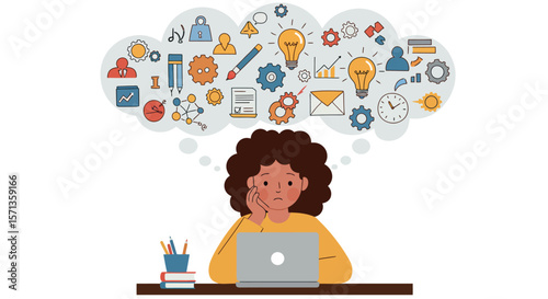 Woman thinking with flow of icons above her head vector illustration - concept of creativity and problem solving in flat design