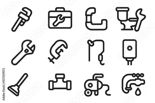 Plumbing tools and fixtures vector illustration - minimalist black line icon set for design and print