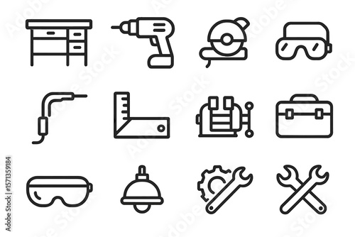 Industrial tools vector illustration: flat line style for workshop design